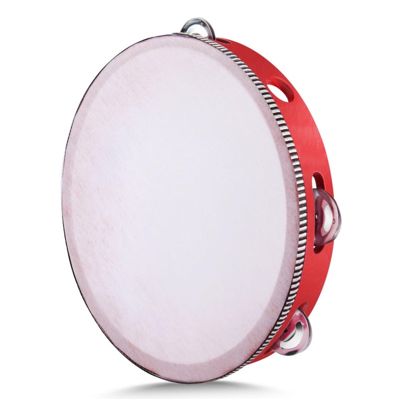 Flexzion Wooden Round Tambourine for Adults 10" Inch Single Row 8 Pair Jingles, Red Handheld Percussion Instrument for Beginner and Professional Tambourine Player - Image 1